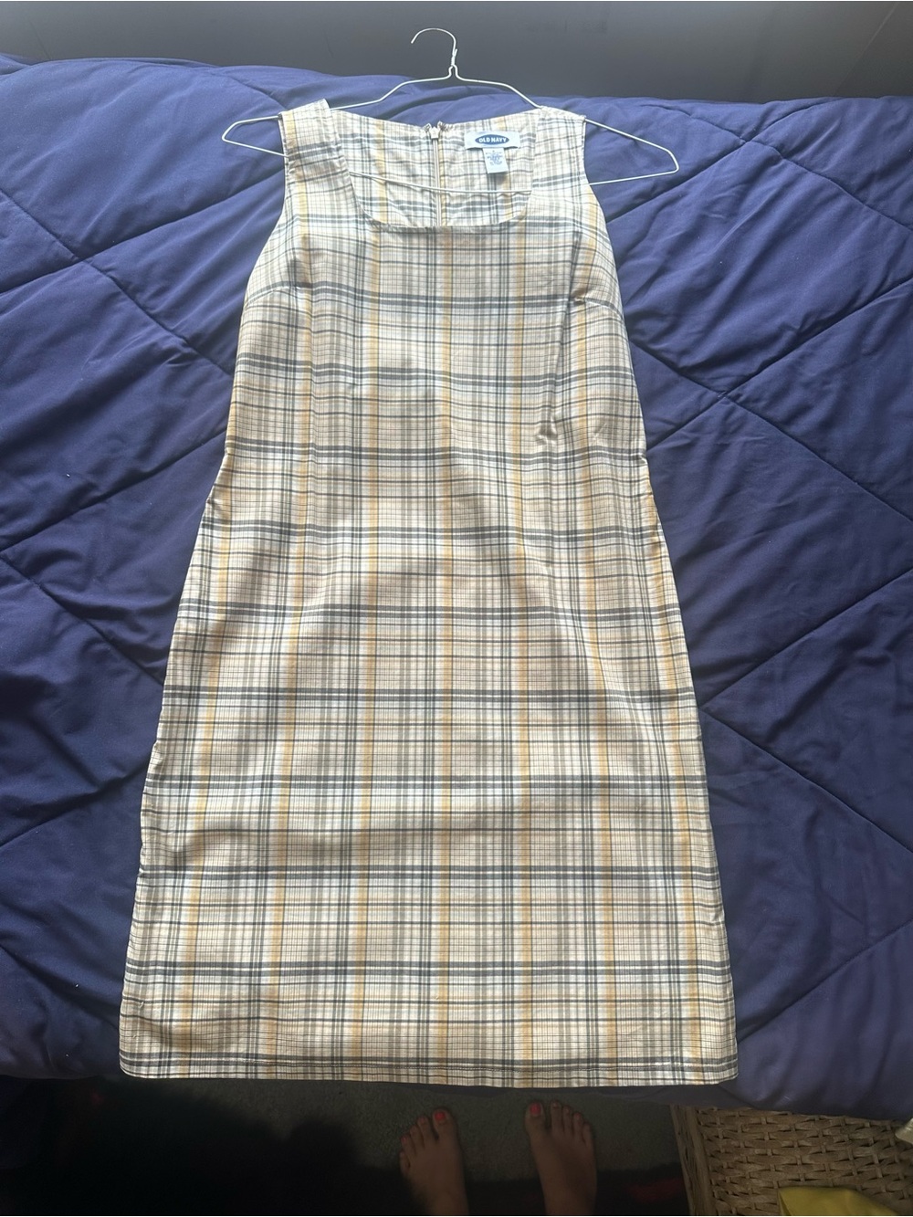 Vintage Old Navy Plaid Sleeveless Shift Dress in Cream, Blue, Yellow